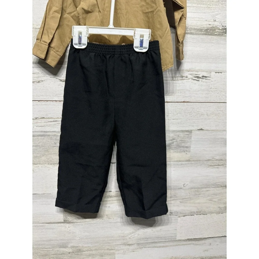Jonathan Strong 3pc Suit Set Boys 24M Tan Black Striped‎ Tie EUC